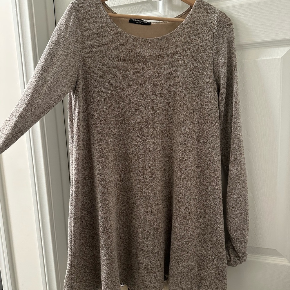 Casual Brown Long Sleeve Sweater Dress with Fringe Border Details